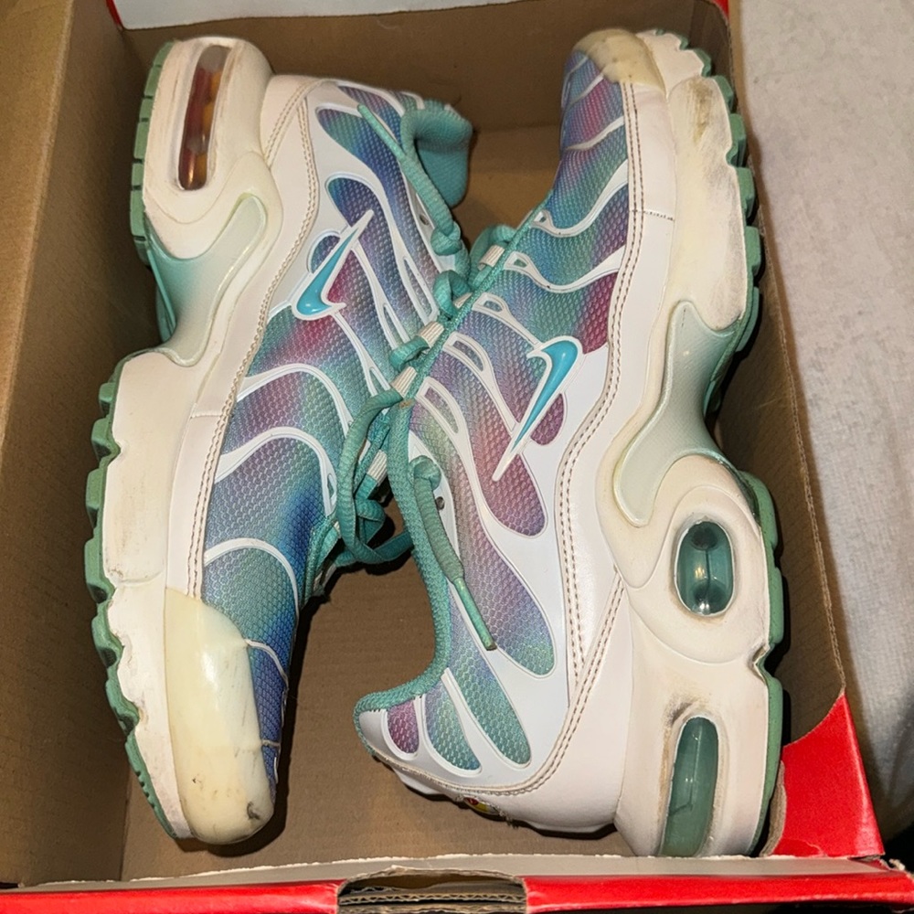 Blue, purple, white, and pink Nike air max plus 
In box